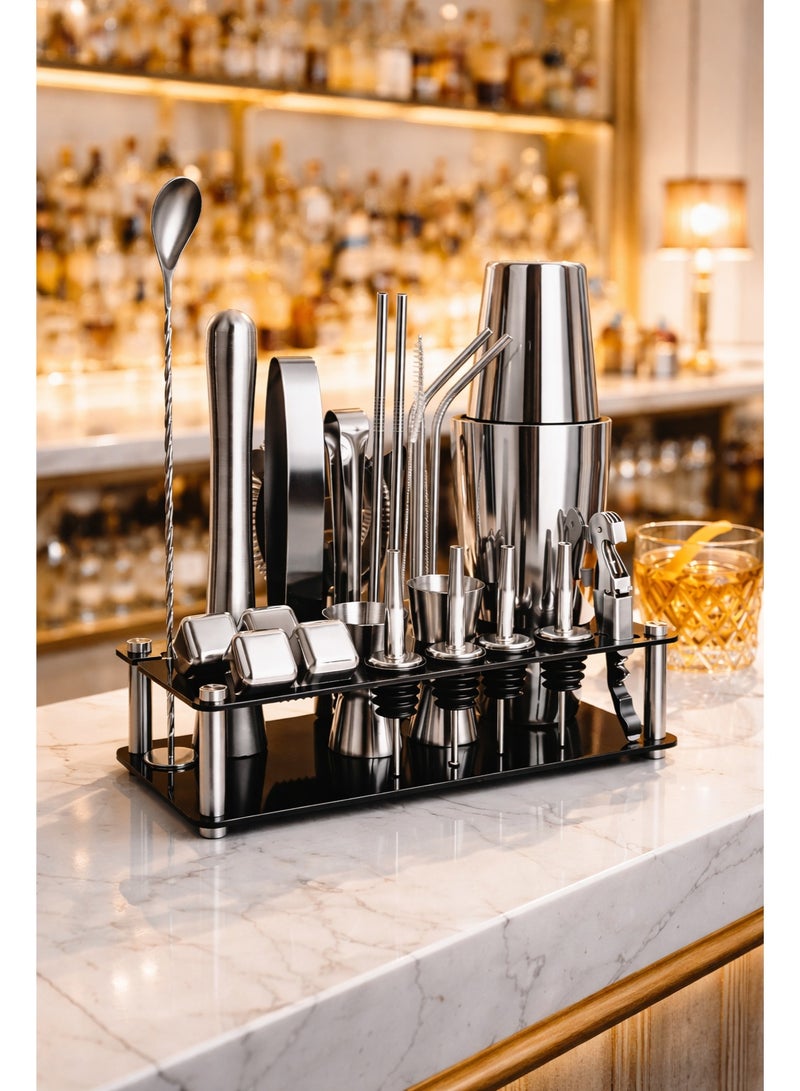 دائرة مربعة طقم شيكر كوكتيل من الستانلس ستيل 23 قطعة مع حامل أكريليك – أدوات بار احترافية لتحضير المشروبات في المنزل والحفلات - Image 1